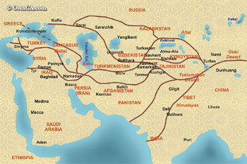 The Great Silk Road map. Electronic map of Silk Road. The ancient Silk Road map