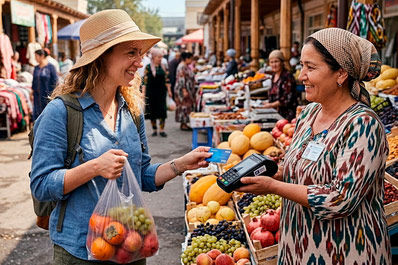 Paying with a credit card at the market