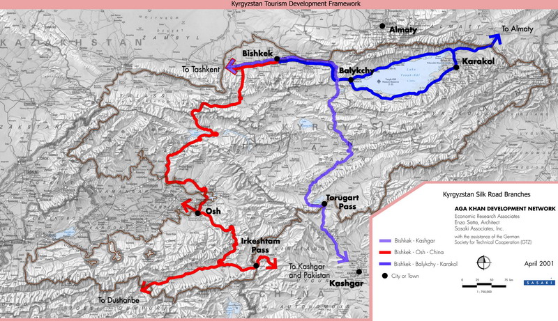 Map of Kyrgyzstan. Silk Road branches map. Kyrgyzstan map